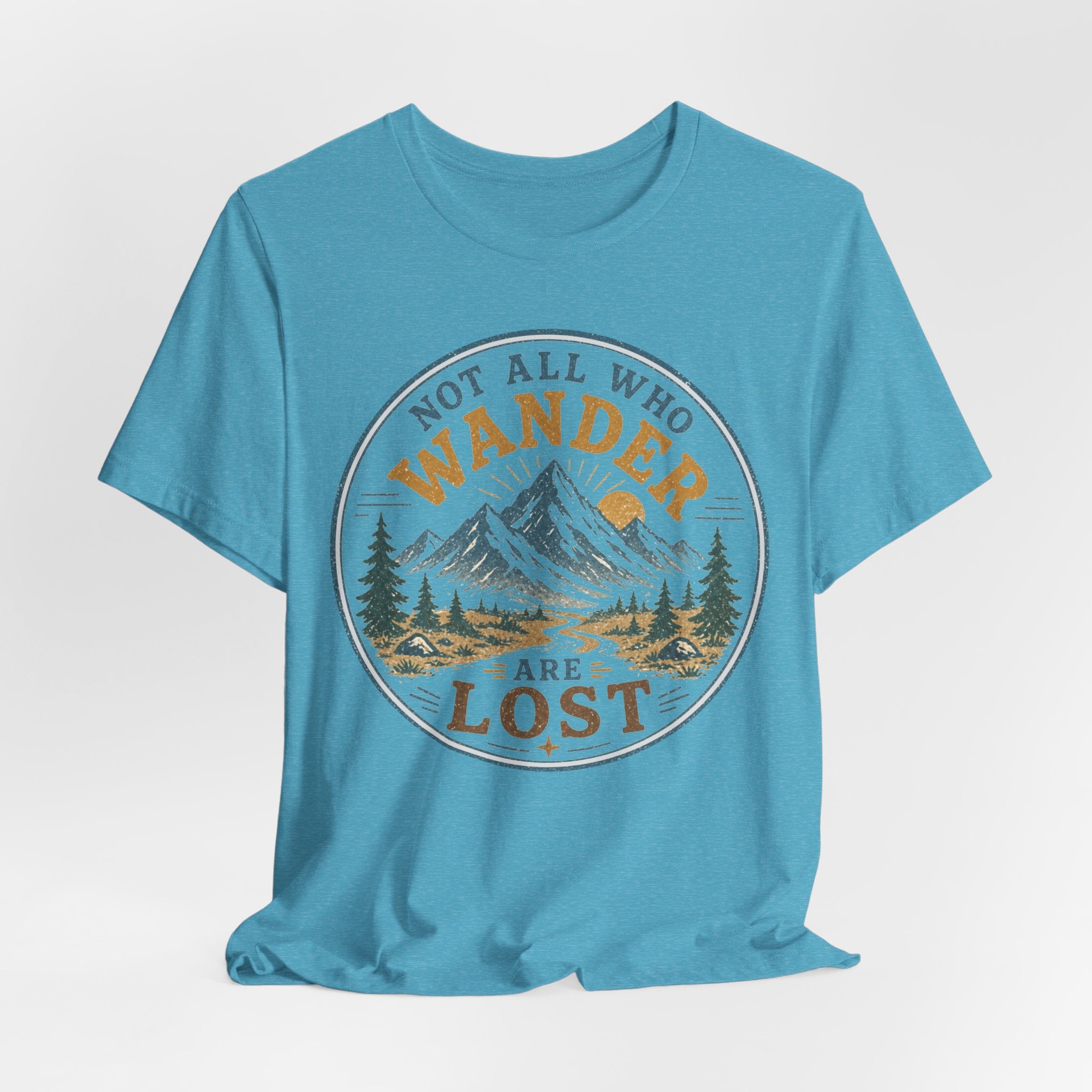 Person wearing Not All Who Wander mountain shirt outdoor lifestyle photo
