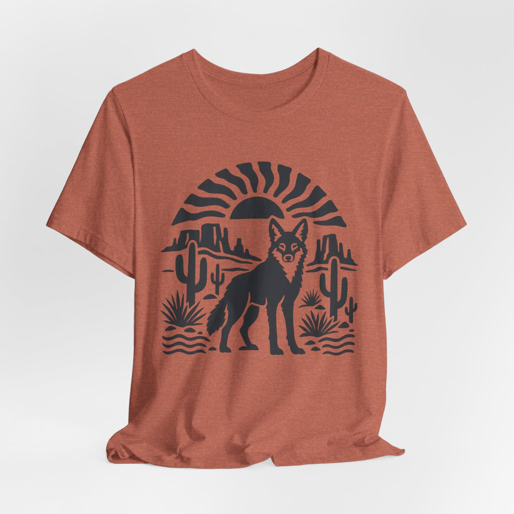 Desert Coyote Minimalist Southwest T-Shirt in Heather Clay - minimalist Southwest desert coyote cactus graphic tee, Barely Outdoorsy