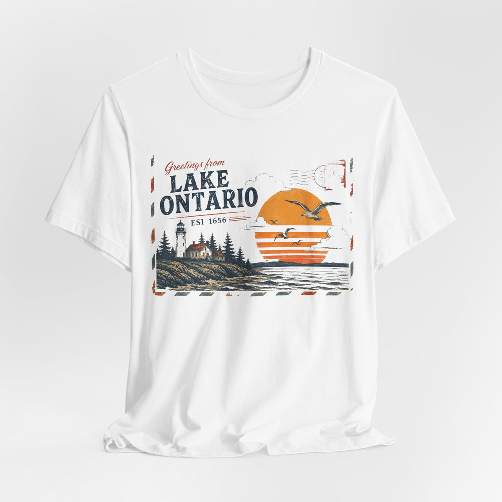 Lake Ontario Vintage Postcard T-Shirt in Athletic Heather - retro vintage postcard Great Lakes graphic tee, Barely Outdoorsy Bella Canvas 3001
