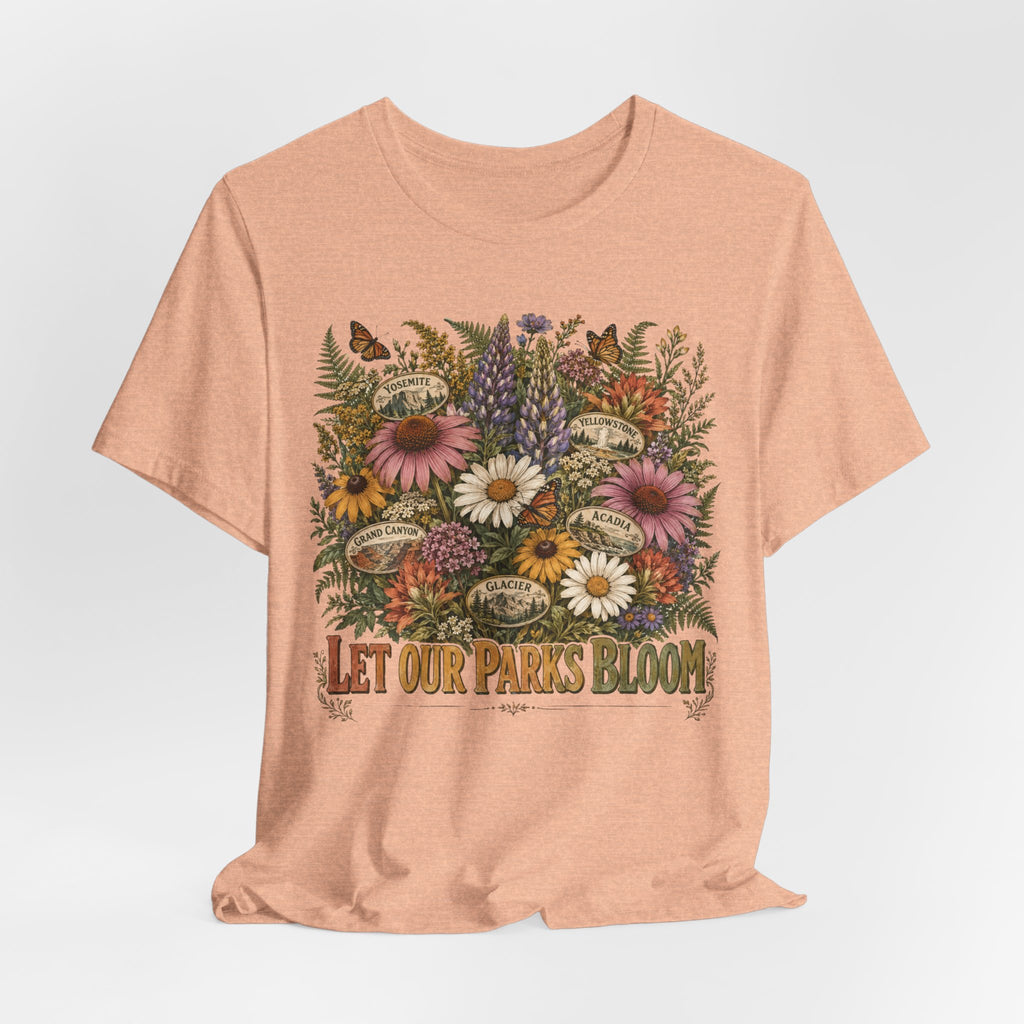 Let Our Parks Bloom Tee in White - echinacea lupine national park badge illustration shirt, Barely Outdoorsy Bella Canvas