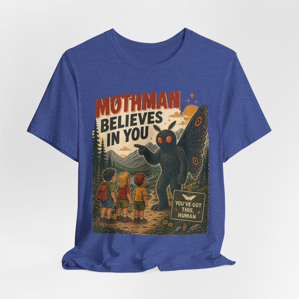 Mothman Believes In You T-Shirt in Heather Peach - funny Mothman cryptid encouragement tee, Barely Outdoorsy