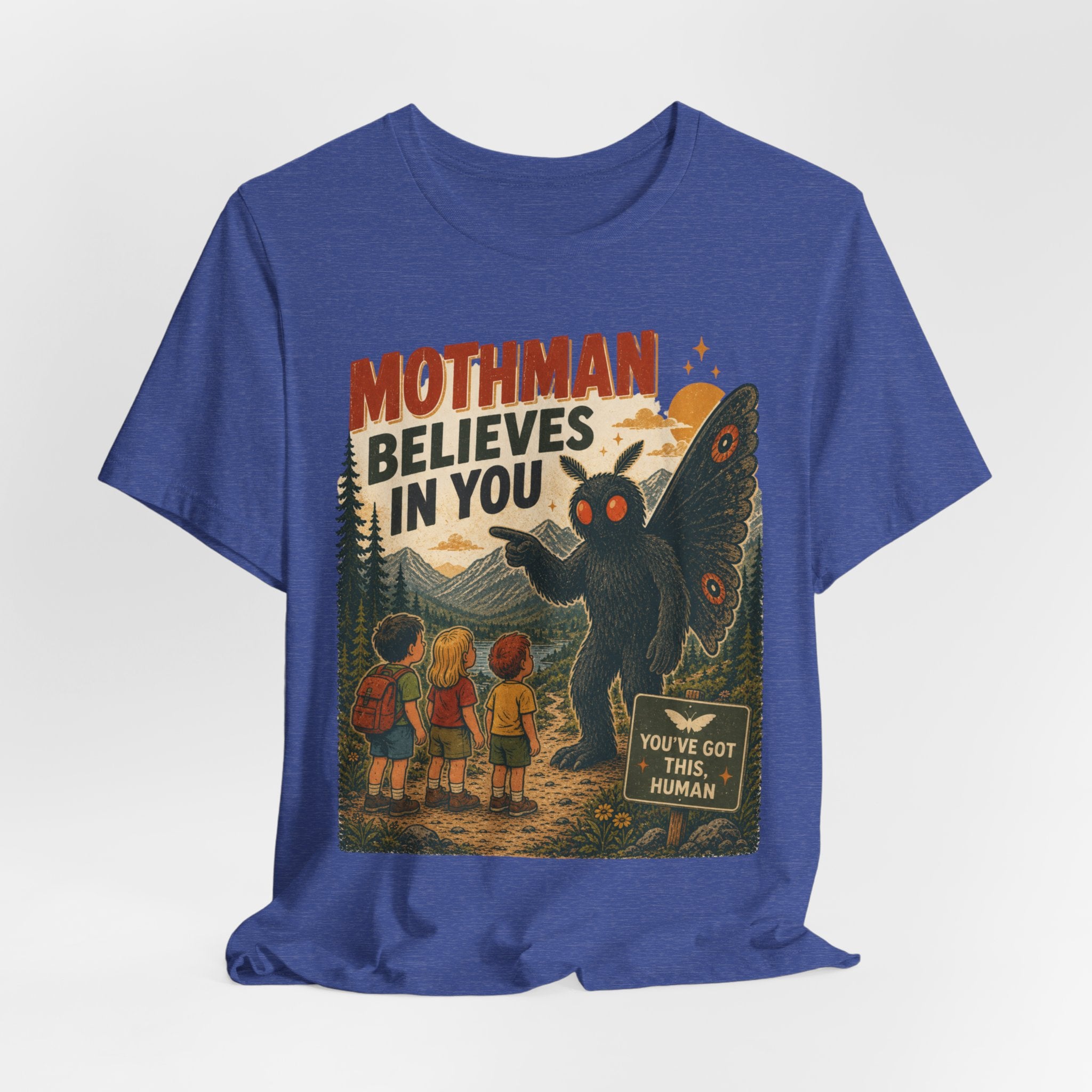 Mothman Believes In You T-Shirt in Heather Peach - funny Mothman cryptid encouragement tee, Barely Outdoorsy
