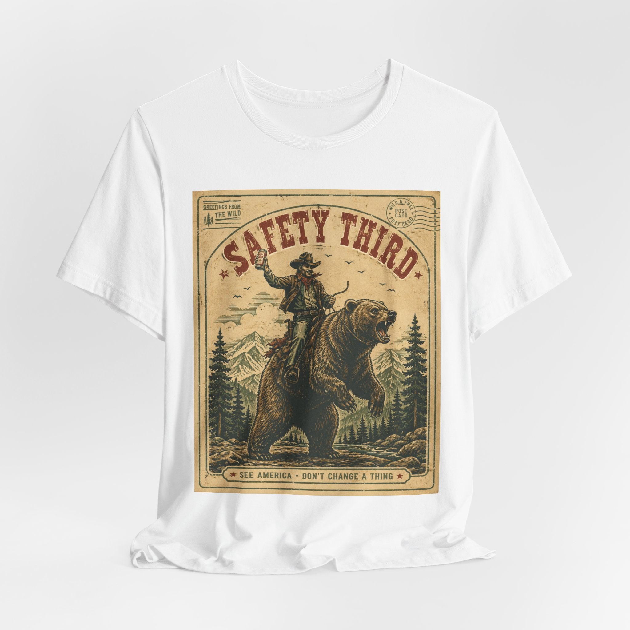 Safety Third Funny Bear Riding Cowboy T-Shirt
