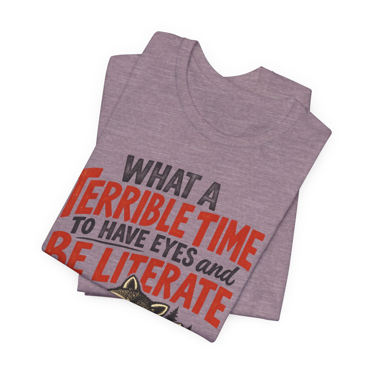 Terrible Time to Be Literate Camping Raccoon T-Shirt detail Vintage White - raccoon camping literate close-up graphic, Barely Outdoorsy