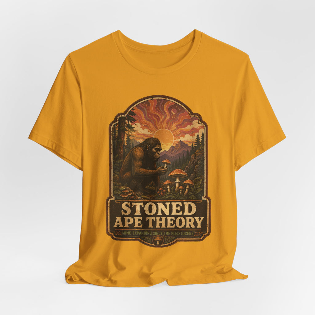 Stoned Ape Theory Tee in Dark Grey Heather detail - funny psychedelic ape evolution tee, Barely Outdoorsy