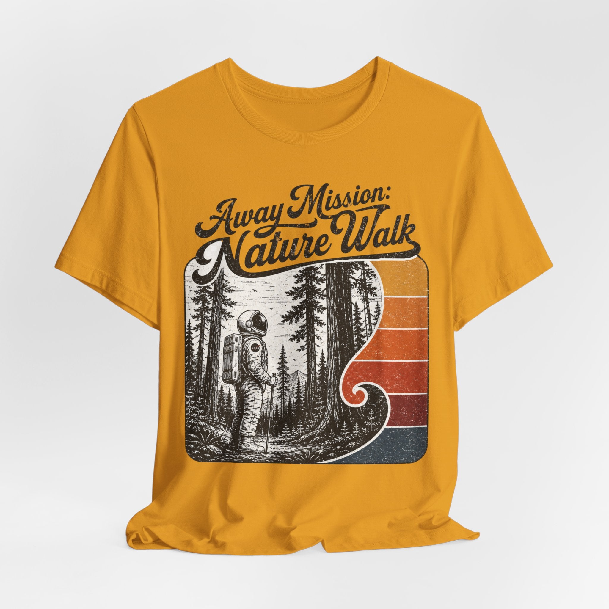 Away Mission Nature Walk T-Shirt in White - retro astronaut nature walk sci-fi graphic tee, Bella Canvas 3001