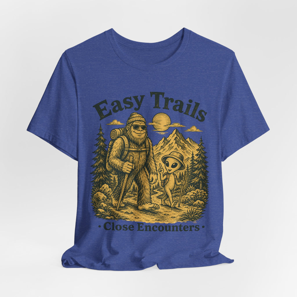 Easy Trails Close Encounters T-Shirt in Heather Raspberry - retro woodcut Sasquatch UFO graphic tee, Bella Canvas 3001