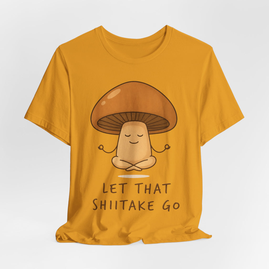 Let That Shiitake Go T-Shirt in Black detail - mushroom pun humor tee close-up, Barely Outdoorsy