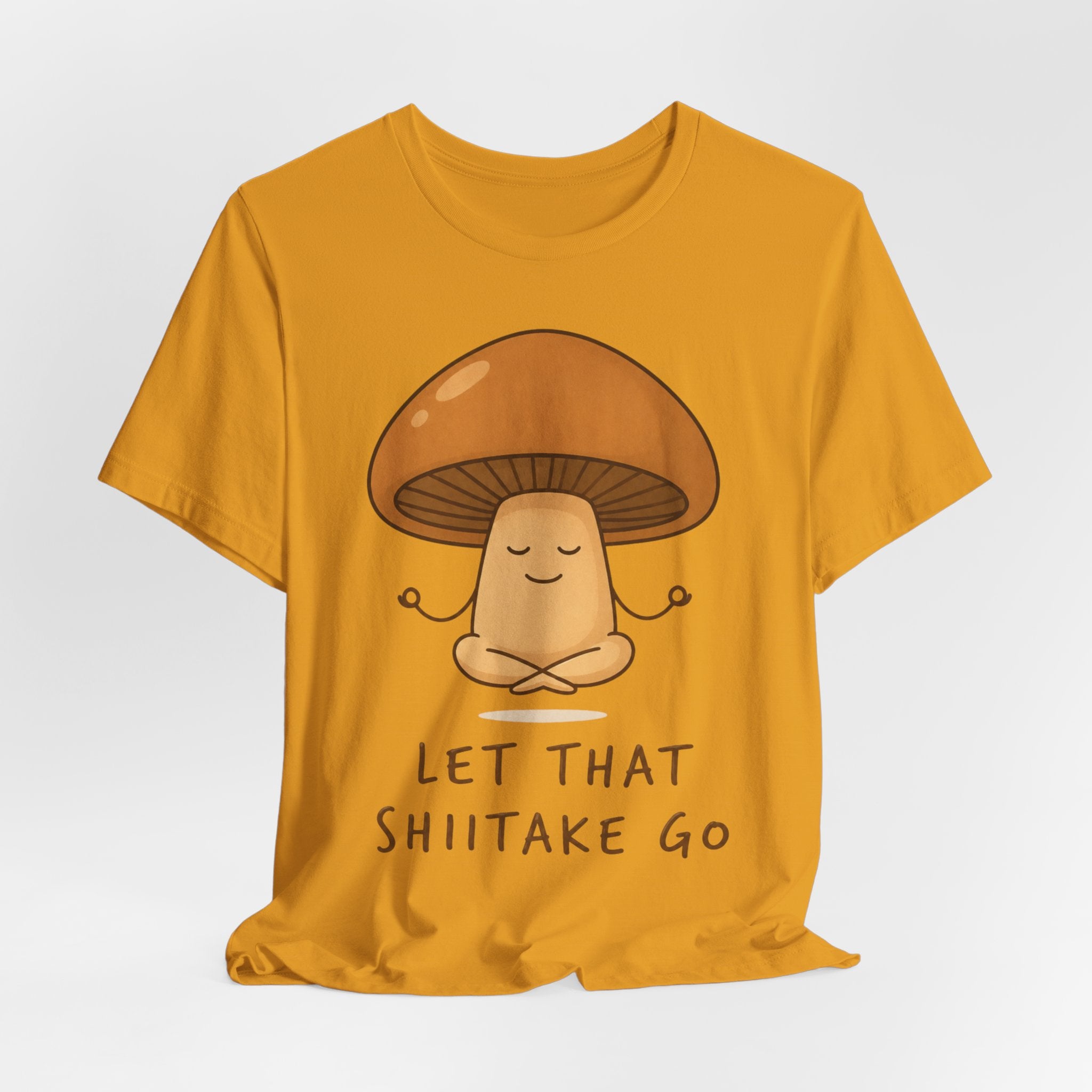 Let That Shiitake Go T-Shirt in Black detail - mushroom pun humor tee close-up, Barely Outdoorsy