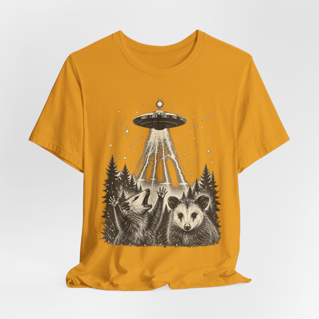 UFO Opossum Abduction Tee in Maroon - funny UFO opossum humor shirt, Barely Outdoorsy Bella Canvas 3001