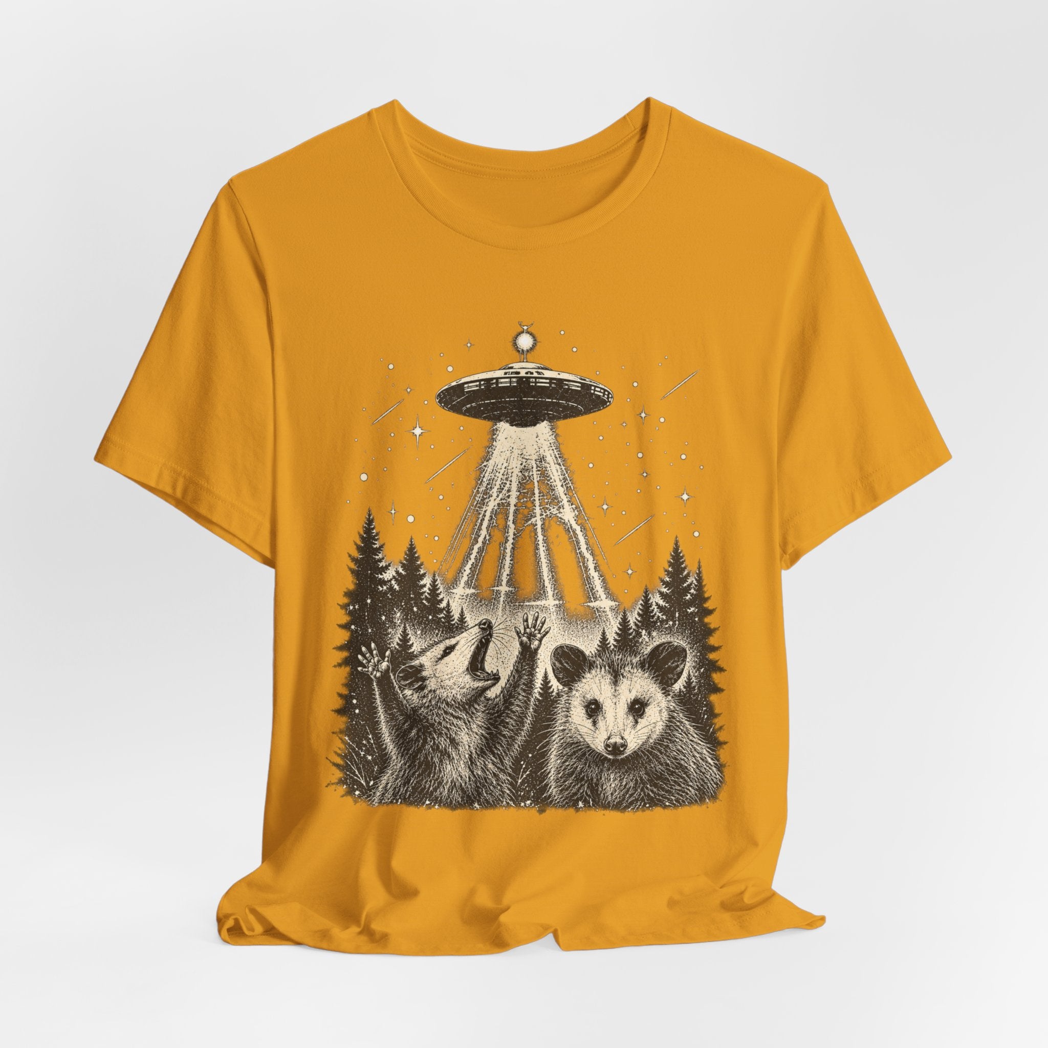 UFO Opossum Abduction Tee in Maroon - funny UFO opossum humor shirt, Barely Outdoorsy Bella Canvas 3001