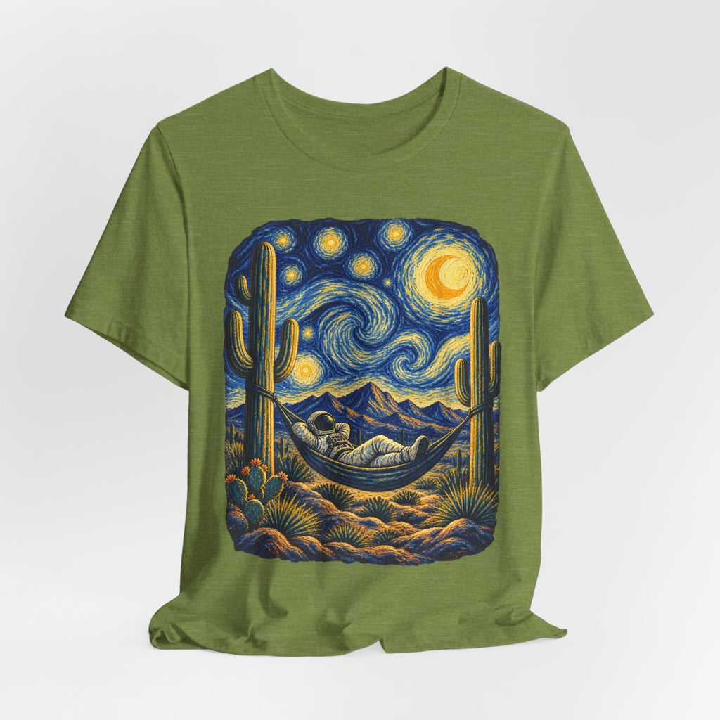 Starry Night Desert Astronaut T-Shirt in Heather Green - Southwest desert astronaut starry night space graphic tee, Barely Outdoorsy