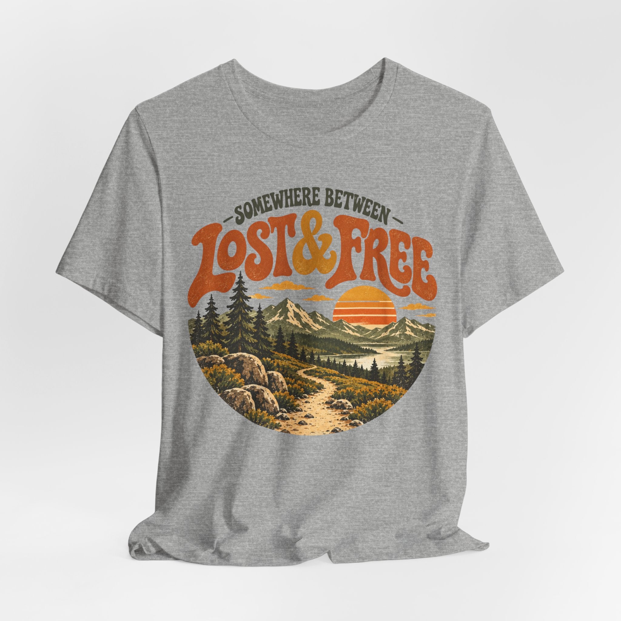 Somewhere Between Lost Free T-Shirt in Heather Ice Blue - retro adventure graphic tee, Barely Outdoorsy