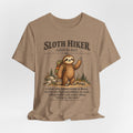 Sloth Hiker T-Shirt in Heather Tan - funny slow living sloth hiker graphic tee, Barely Outdoorsy Bella Canvas 3001