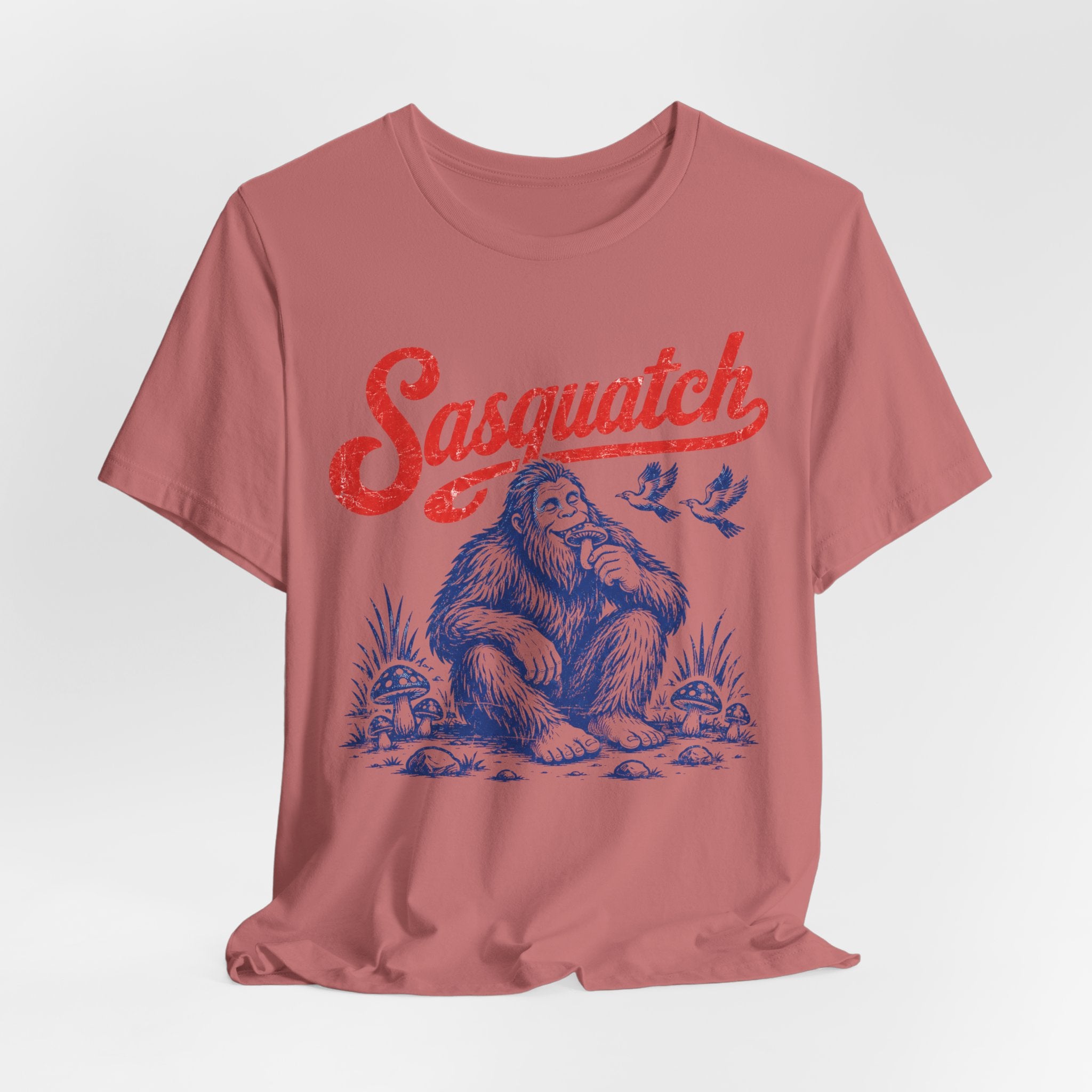 Vintage Sasquatch Woodland Tee in Pink detail - vintage Bigfoot naturalist close-up graphic
