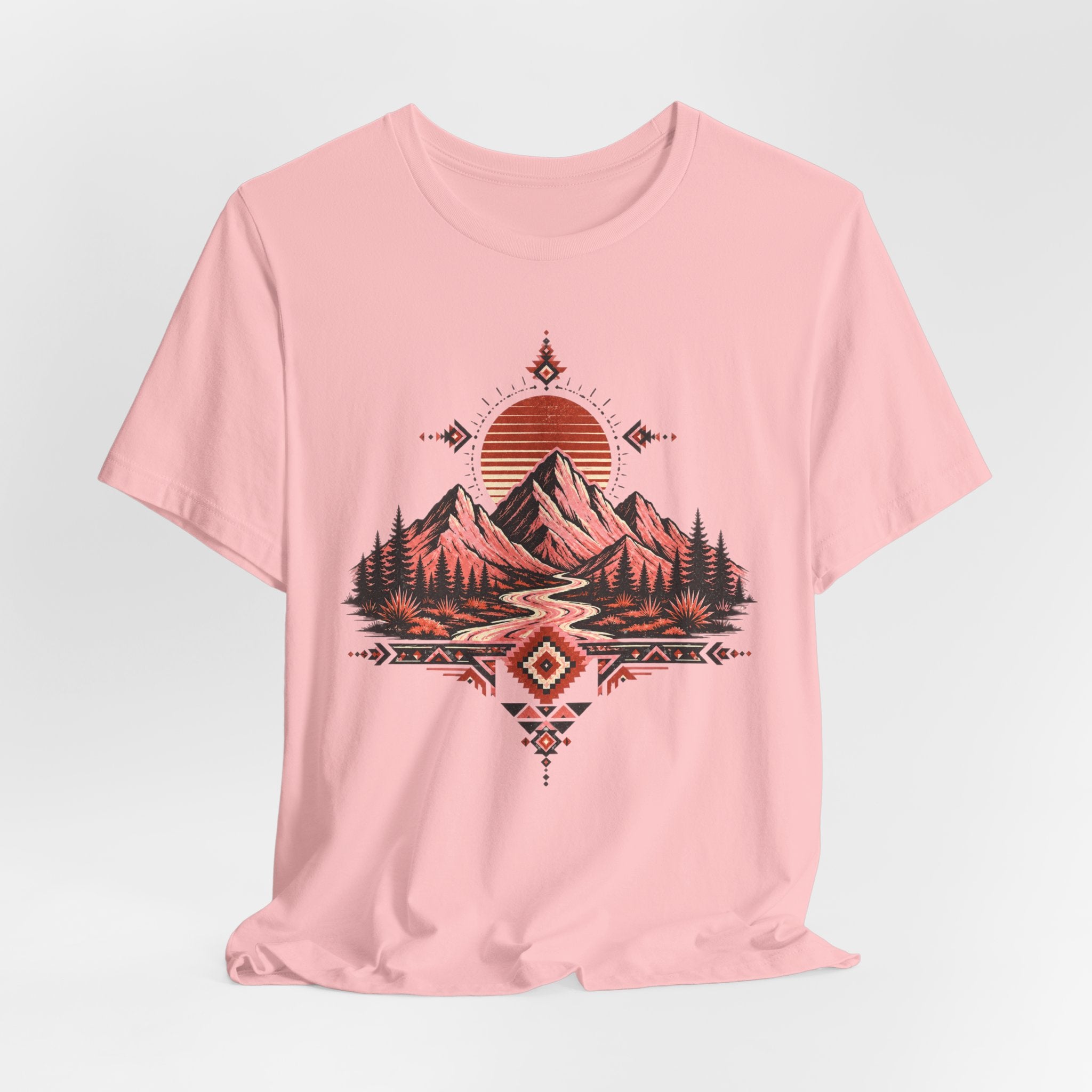 Southwest Mountain Sunset T-Shirt flat lay Athletic Heather - unisex crew neck desert sunset graphic tee, Barely Outdoorsy