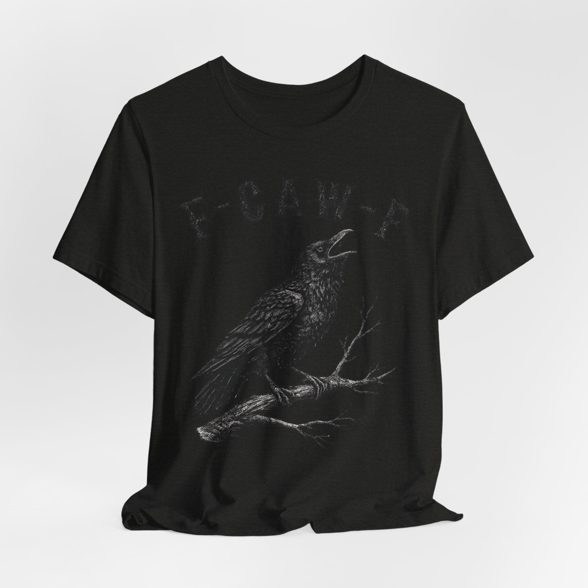 F-CAW-F Crow Tee in Black Heather - funny crow gothic blackletter shirt, Barely Outdoorsy Bella Canvas 3001