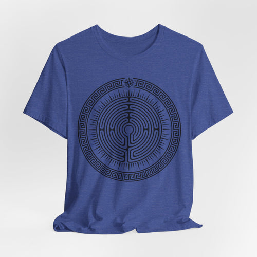 Journey Labyrinth T-Shirt in Asphalt - bold spiral maze sunburst geometric graphic tee, Barely Outdoorsy Bella Canvas 3001