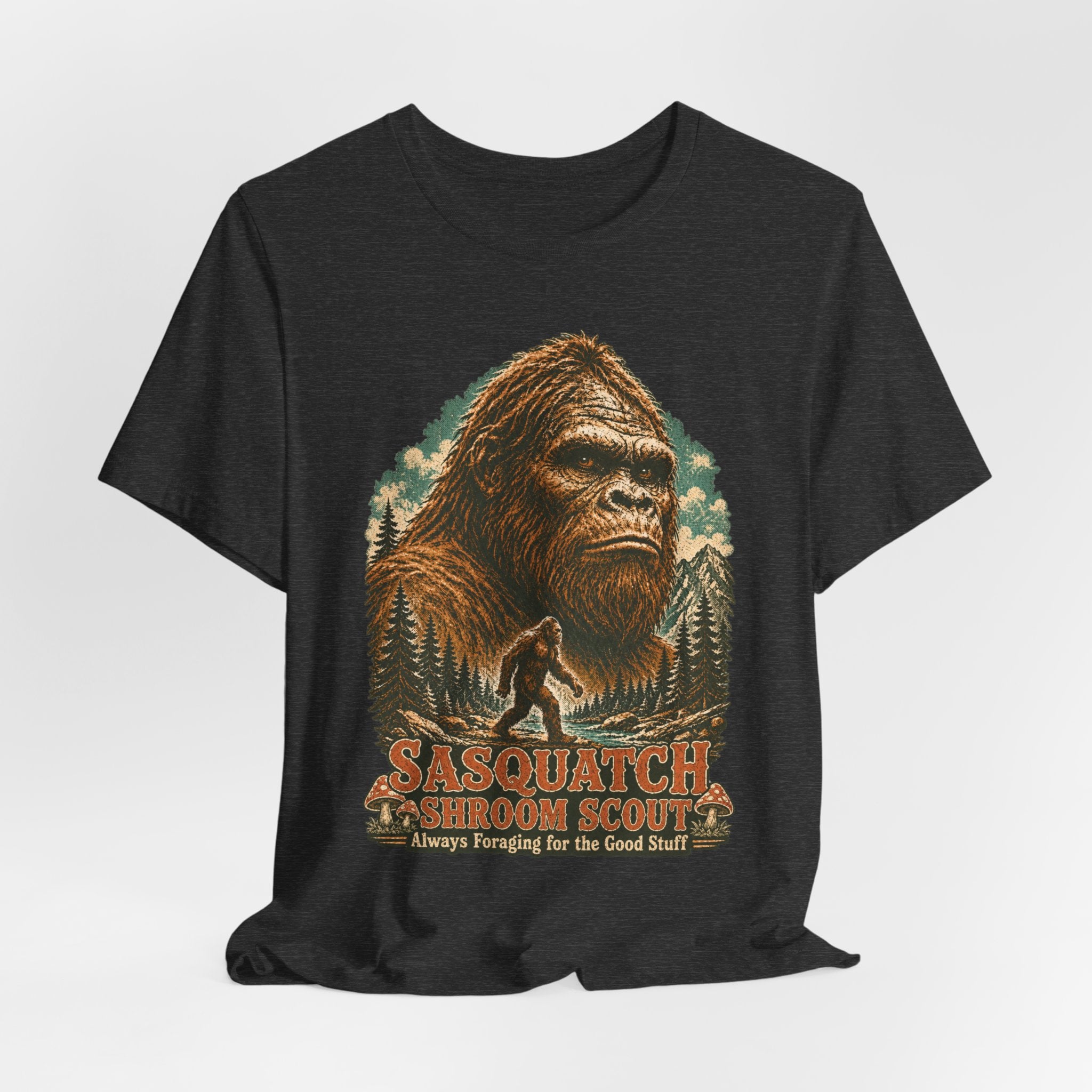 Sasquatch Shroom Scout T-Shirt in Brown - funny Bigfoot mushroom forager graphic tee, Barely Outdoorsy