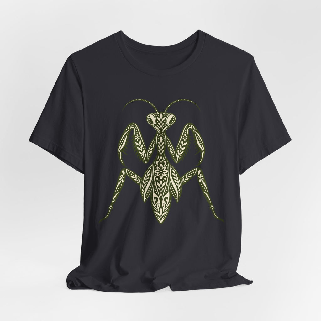 Ornamental Praying Mantis T-Shirt in Heather Stone - goblincore ornamental folk art praying mantis insect graphic tee, Barely Outdoorsy