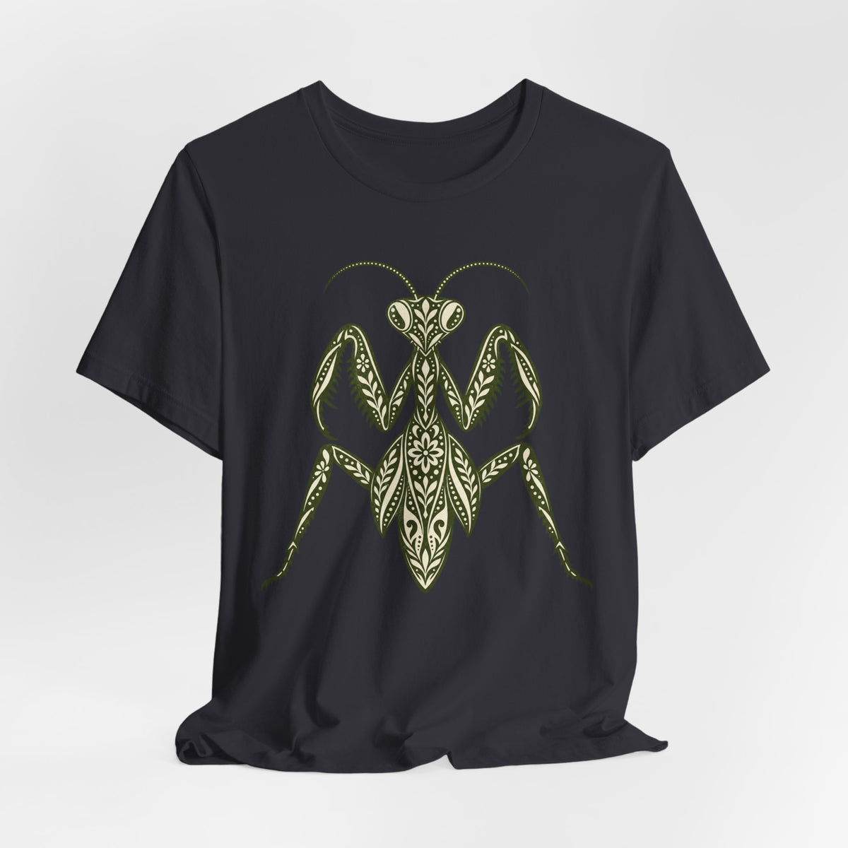 Ornamental Praying Mantis T-Shirt in Heather Stone - goblincore ornamental folk art praying mantis insect graphic tee, Barely Outdoorsy