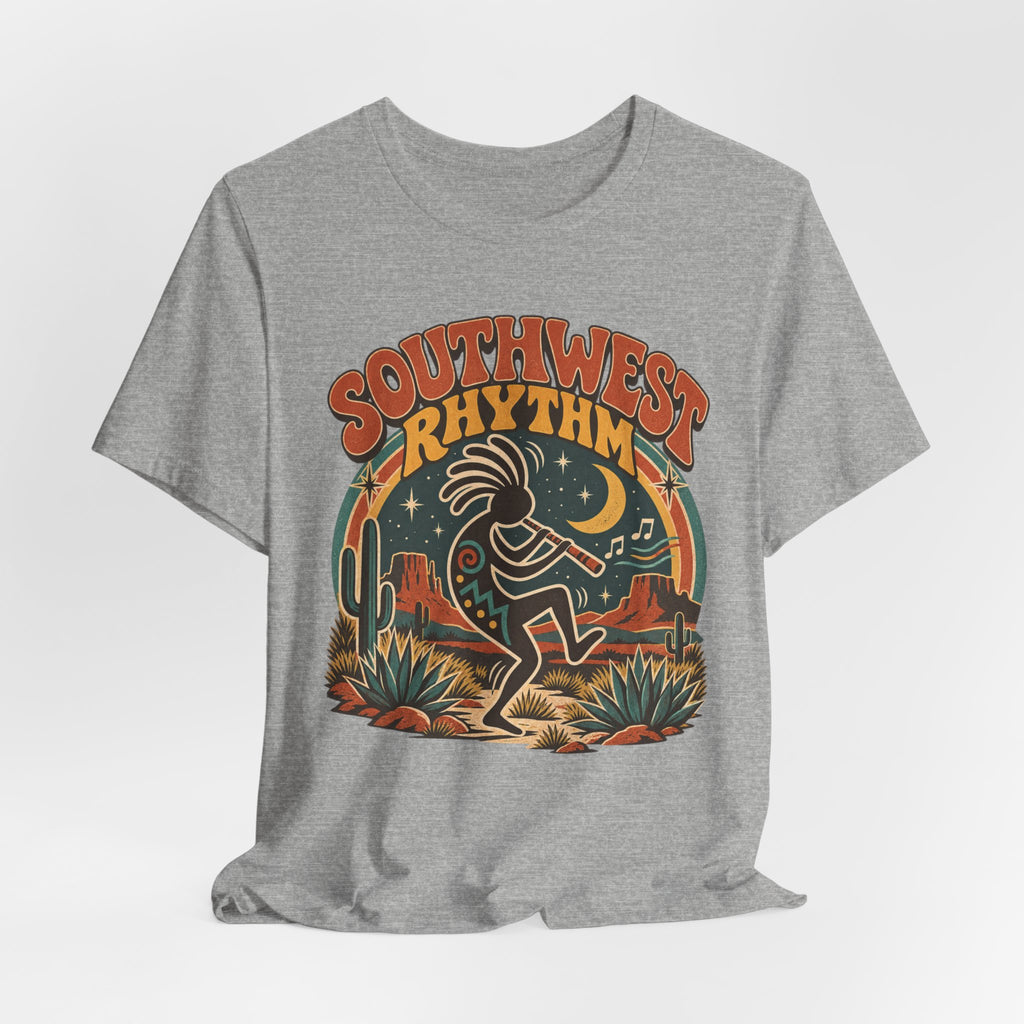 Southwest Rhythm Kokopelli Tee in Heather Peach - retro Kokopelli Southwest shirt, Barely Outdoorsy Bella Canvas 3001