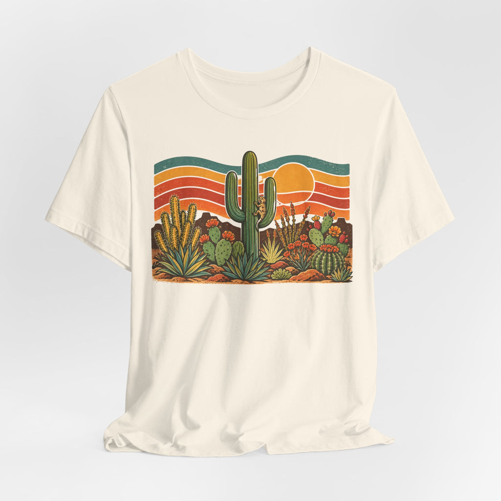 Retro Cactus Garden Desert Sunset Tee in Heather Peach - retro Southwest cactus garden shirt, Barely Outdoorsy Bella Canvas 3001
