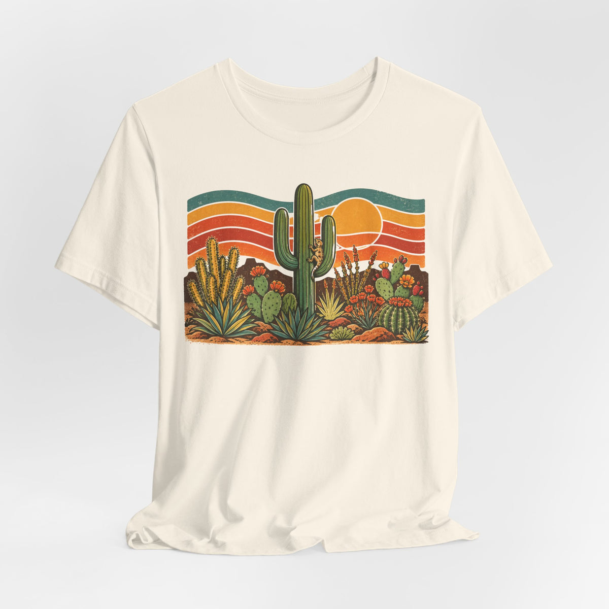 Retro Cactus Garden Desert Sunset Tee in Heather Peach - retro Southwest cactus garden shirt, Barely Outdoorsy Bella Canvas 3001