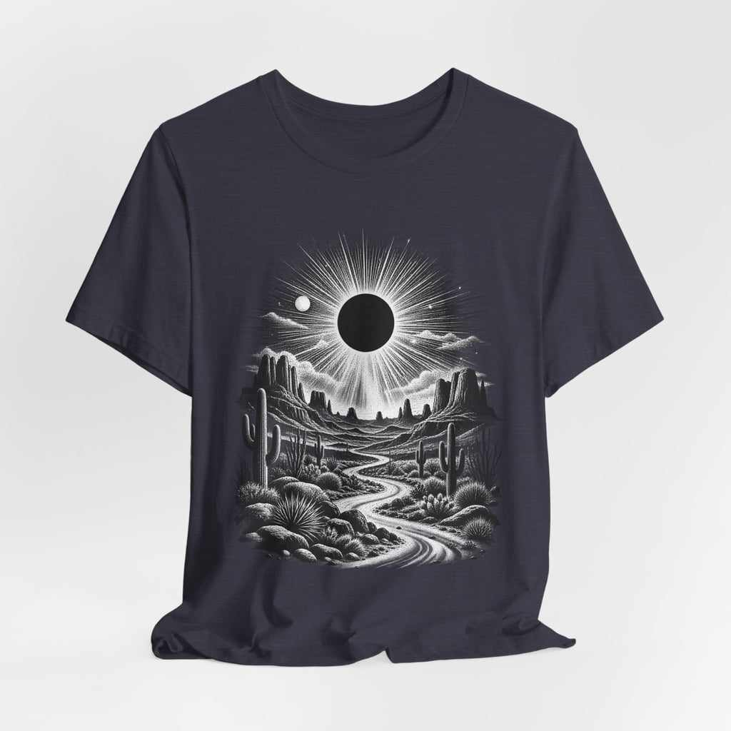 Desert Solar Eclipse T-Shirt in Deep Heather - Southwest desert solar eclipse celestial graphic tee, Barely Outdoorsy Bella Canvas 3001