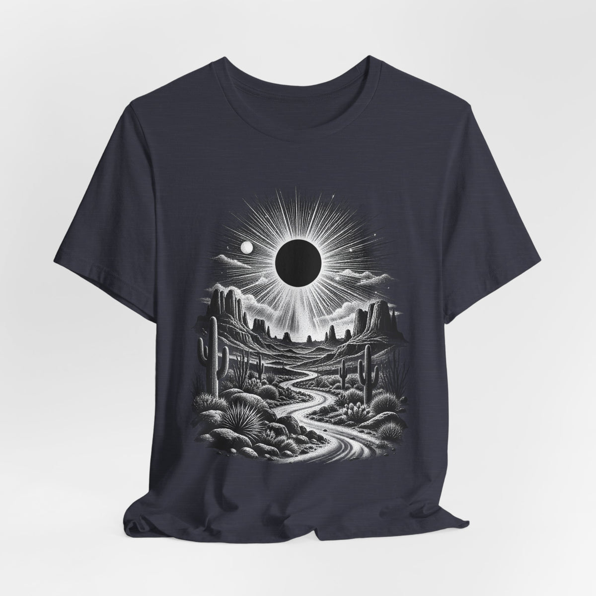 Desert Solar Eclipse T-Shirt in Deep Heather - Southwest desert solar eclipse celestial graphic tee, Barely Outdoorsy Bella Canvas 3001