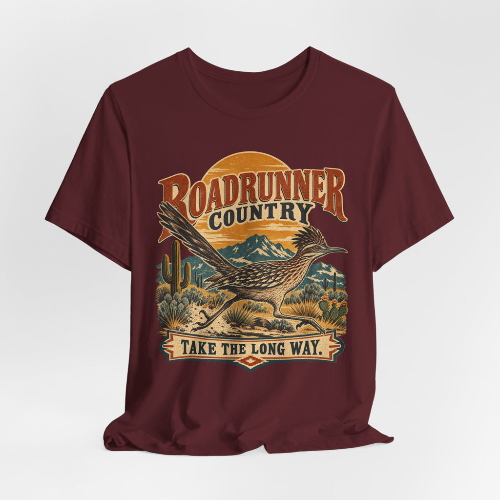 Roadrunner Country Tee in Navy detail - retro roadrunner Southwest close-up graphic