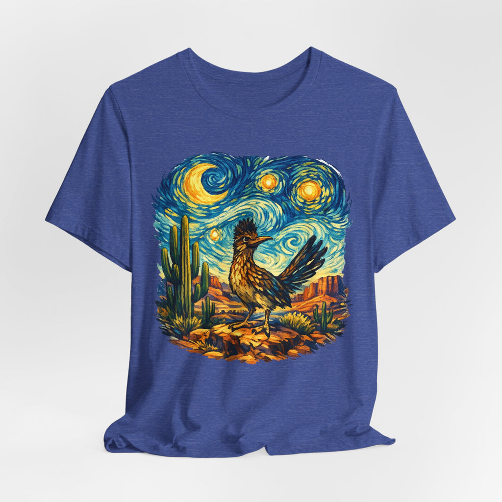 Starry Night Roadrunner Tee in Mauve - impressionist desert roadrunner starry night shirt, Barely Outdoorsy Bella Canvas 3001