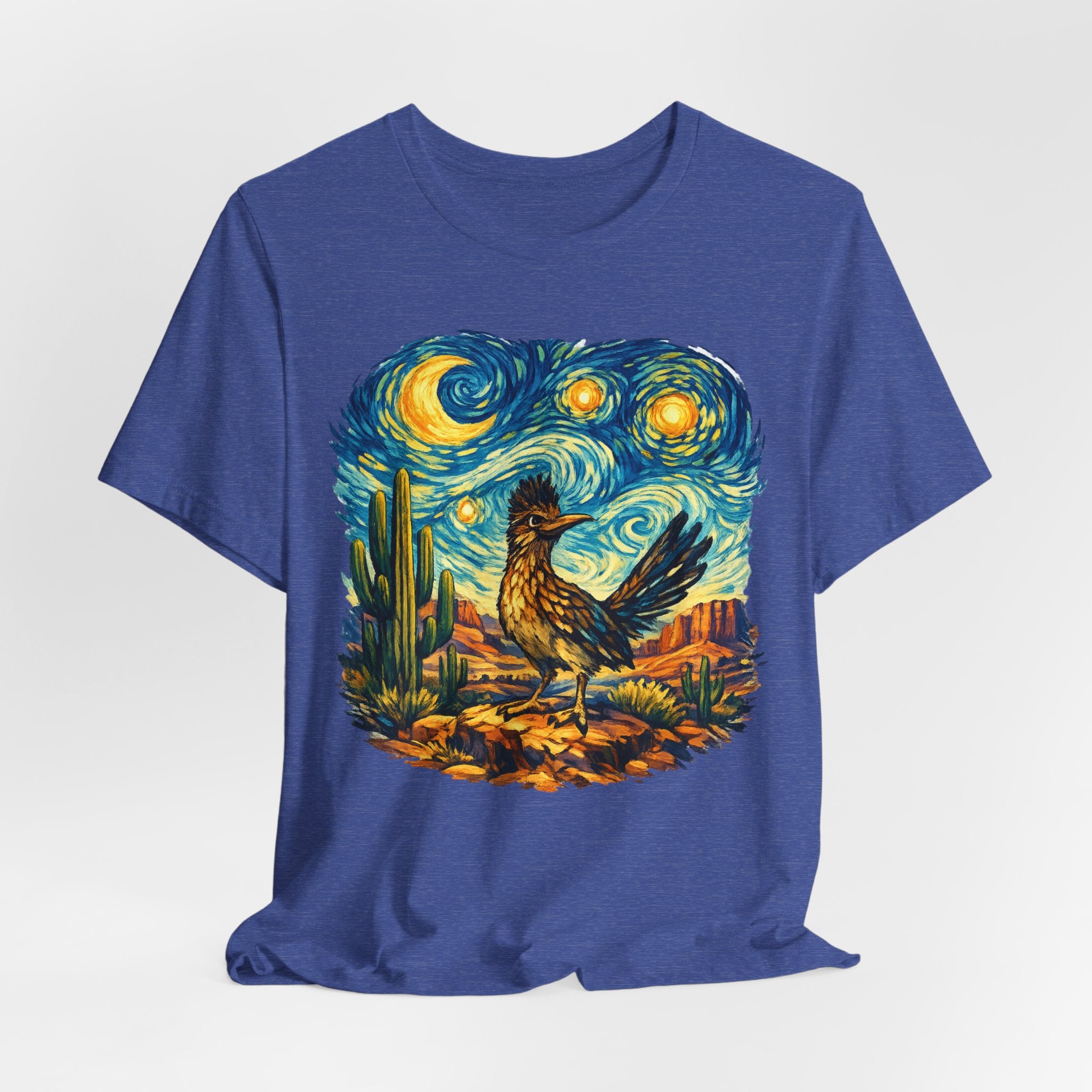 Starry Night Roadrunner Tee in Mauve - impressionist desert roadrunner starry night shirt, Barely Outdoorsy Bella Canvas 3001