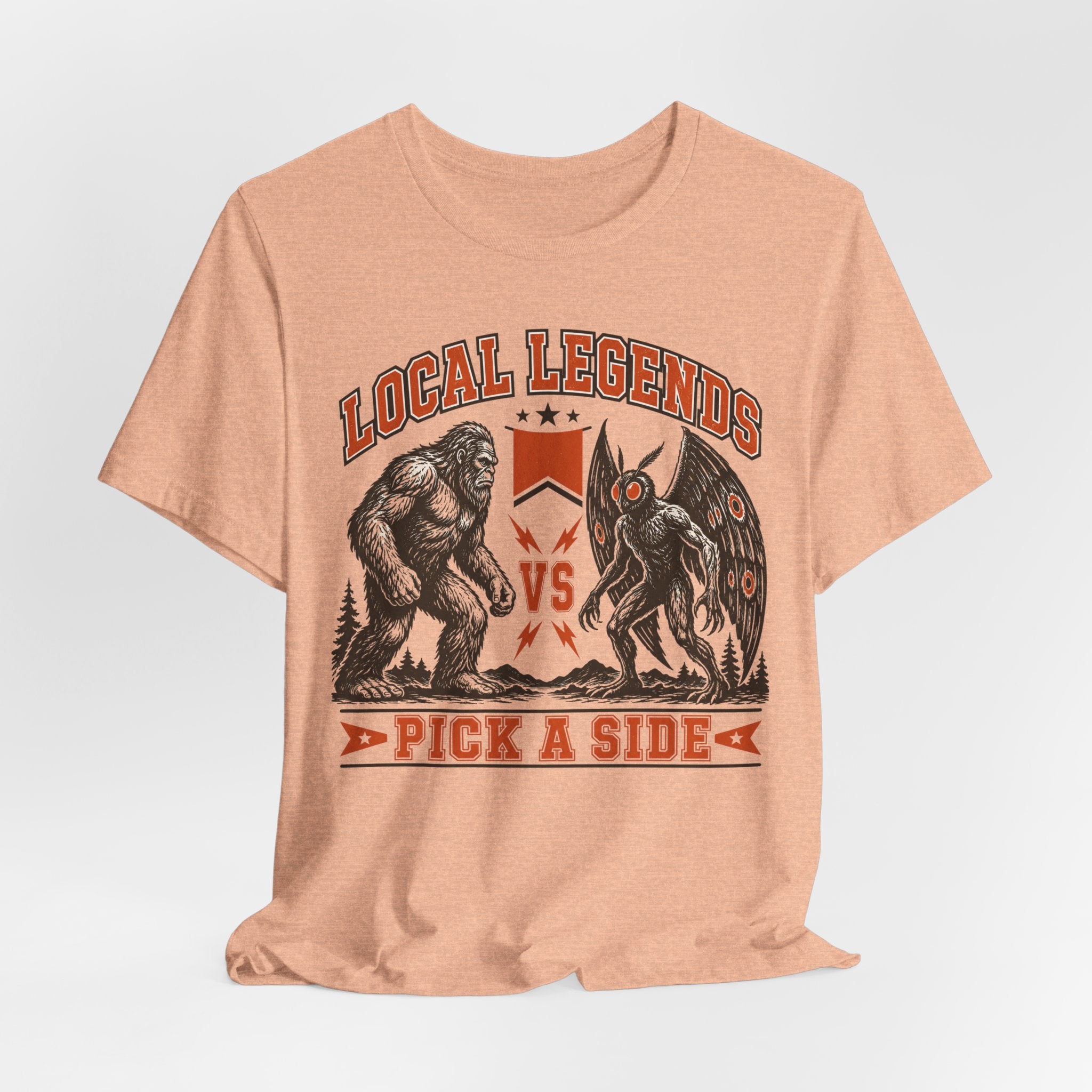 Local Legends Bigfoot vs Mothman T-Shirt flat lay Athletic Heather - unisex crew neck cryptid rivalry graphic tee, Barely Outdoorsy