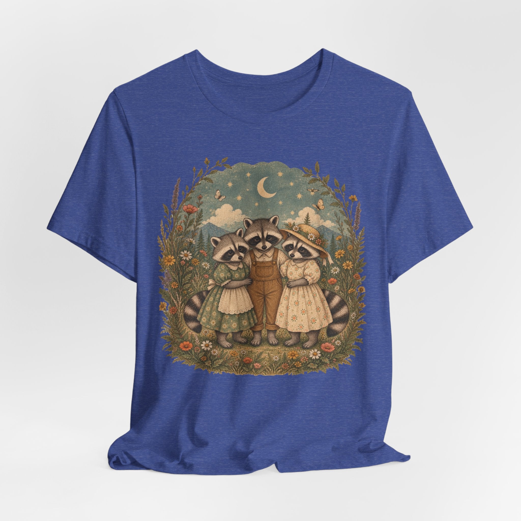 Cottagecore Raccoon Family Tee in Mauve - sweet raccoon family wildflower cottagecore shirt, Barely Outdoorsy Bella Canvas