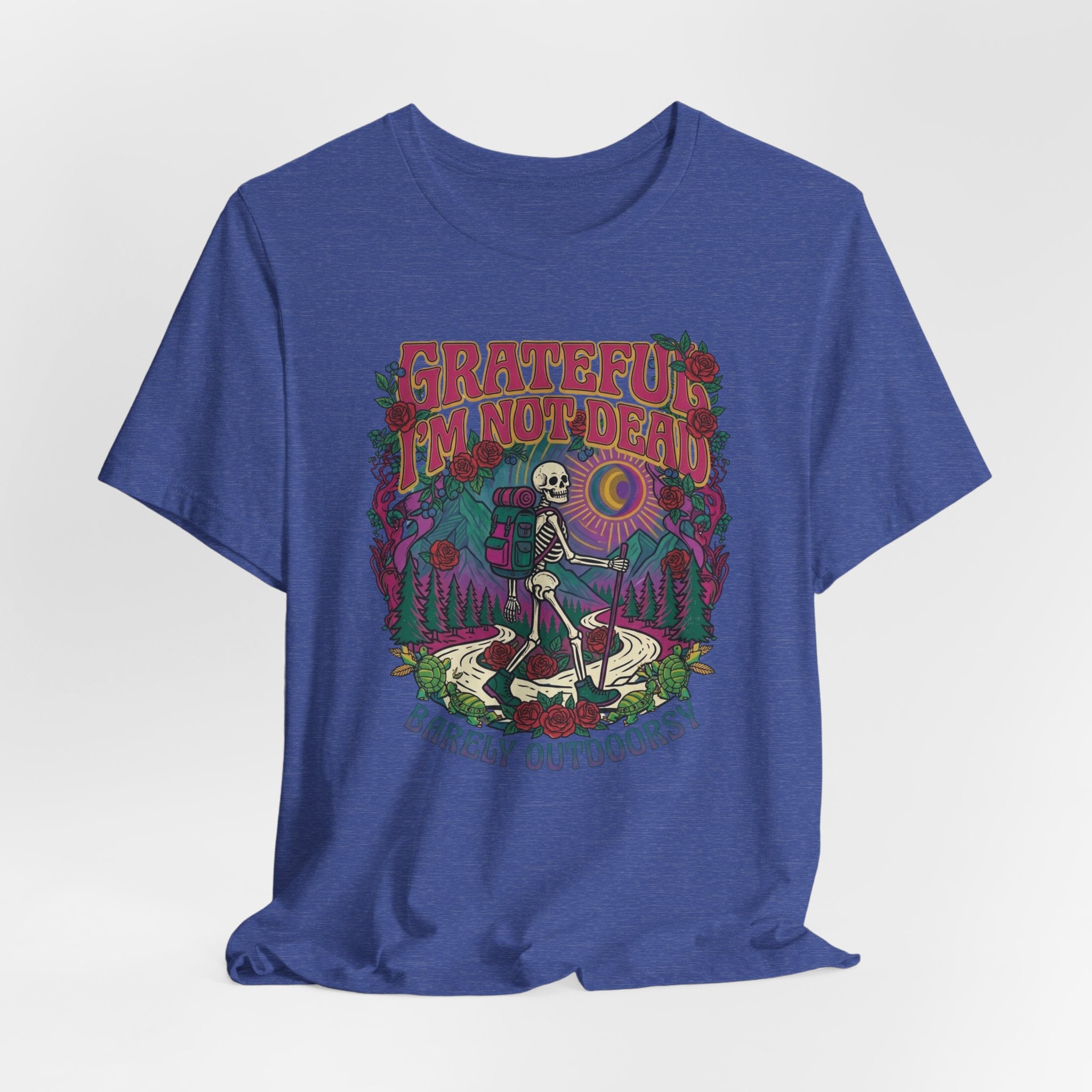 Close-up skeleton hiker roses psychedelic illustration barely outdoorsy tee