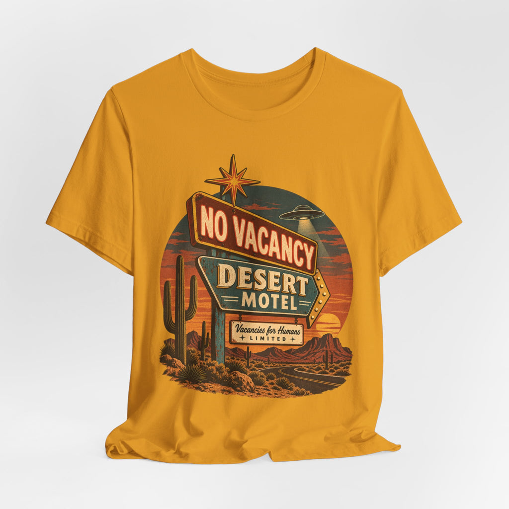Desert Motel No Vacancy UFO T-Shirt in Dark Grey Heather - retro desert motel UFO graphic tee, Barely Outdoorsy Bella Canvas