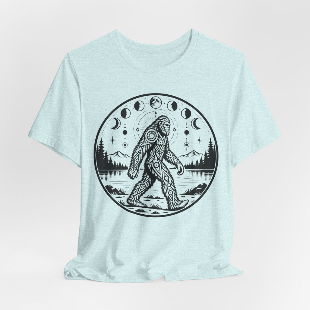 Bigfoot Moon Phases T-Shirt in Athletic Heather - boho Sasquatch lunar moon phases graphic tee, Barely Outdoorsy Bella Canvas 3001