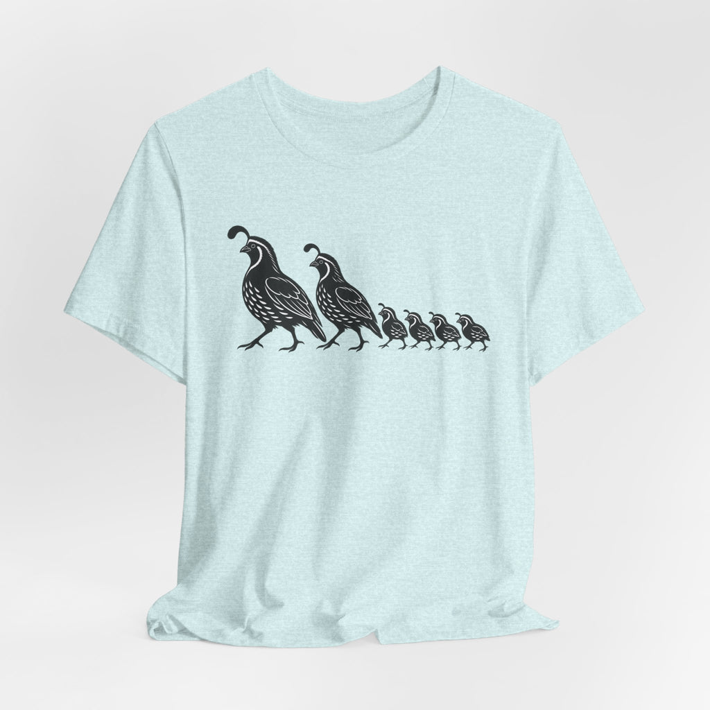 Quail Family Walk T-Shirt in White detail - Gambel's quail family walk close-up graphic