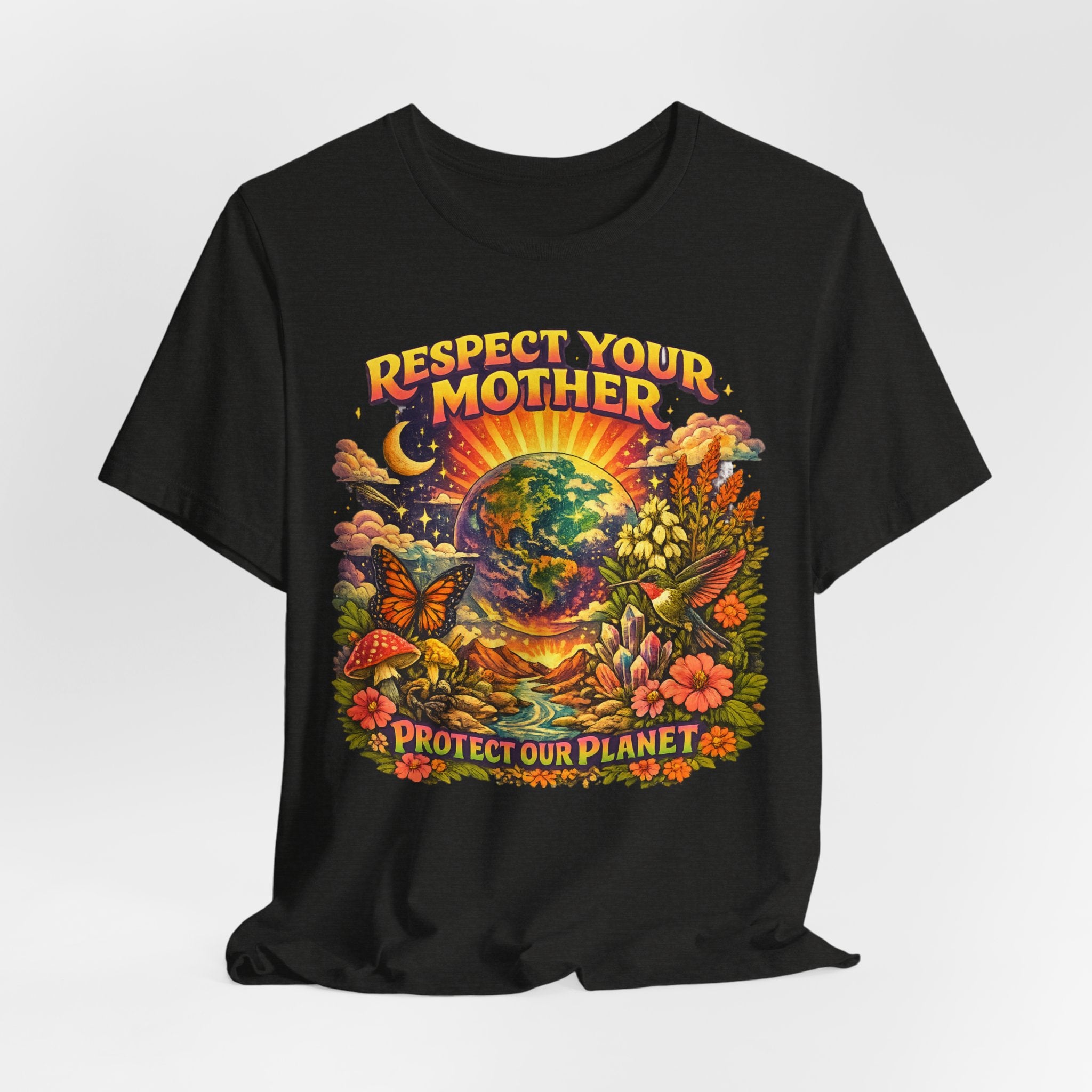 Respect Your Mother Protect Our Planet T-Shirt in Heather True Royal detail - retro Mother Earth planet close-up graphic