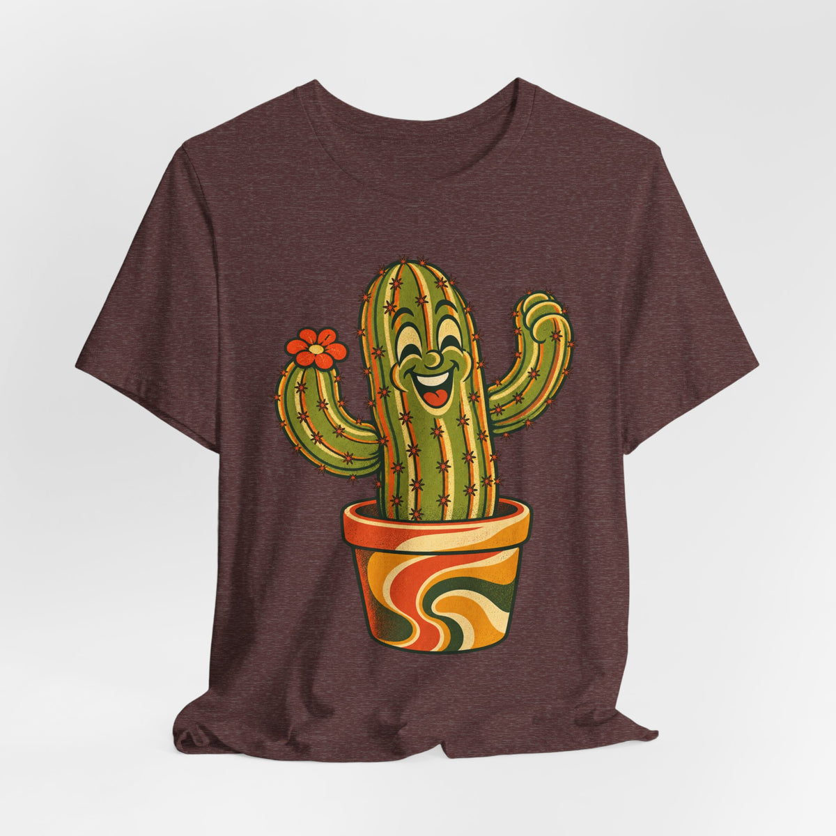 Happy Cactus Retro 70s T-Shirt in Heather Autumn - retro 70s cartoon happy cactus plant graphic tee, Barely Outdoorsy