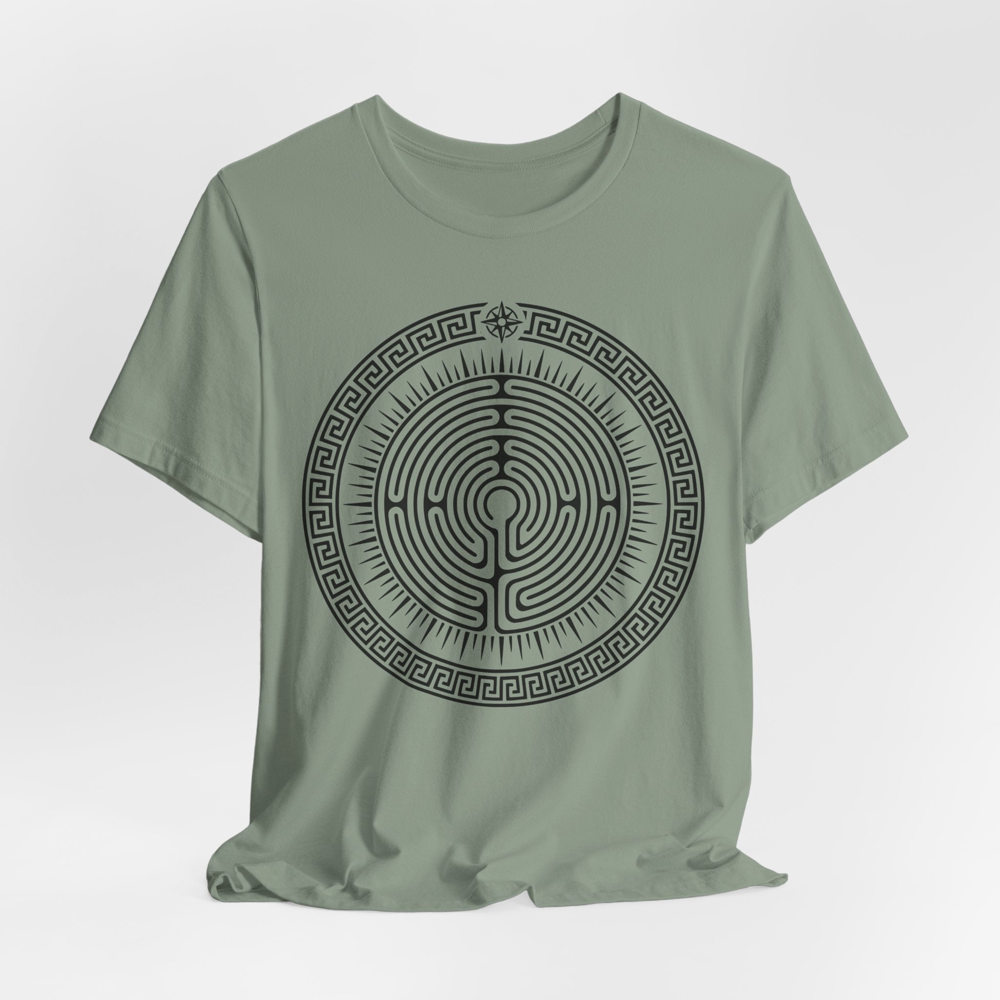 Journey Labyrinth Tee in Heather Red worn shot - bold geometric labyrinth design outdoor shirt, Barely Outdoorsy