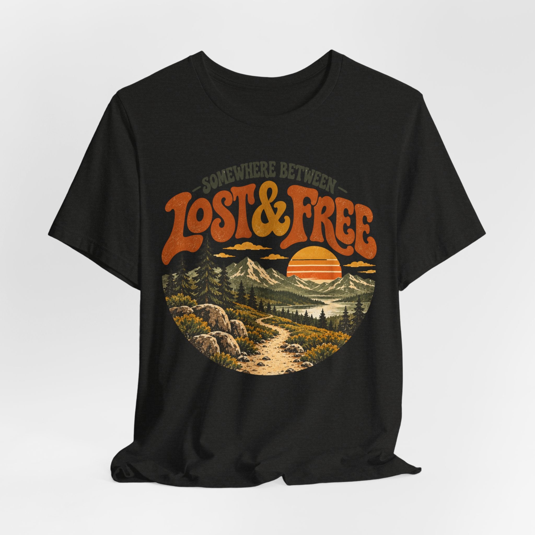 Somewhere Between Lost Free Tee in Heather Peach - retro hiking lost free shirt, Barely Outdoorsy Bella Canvas