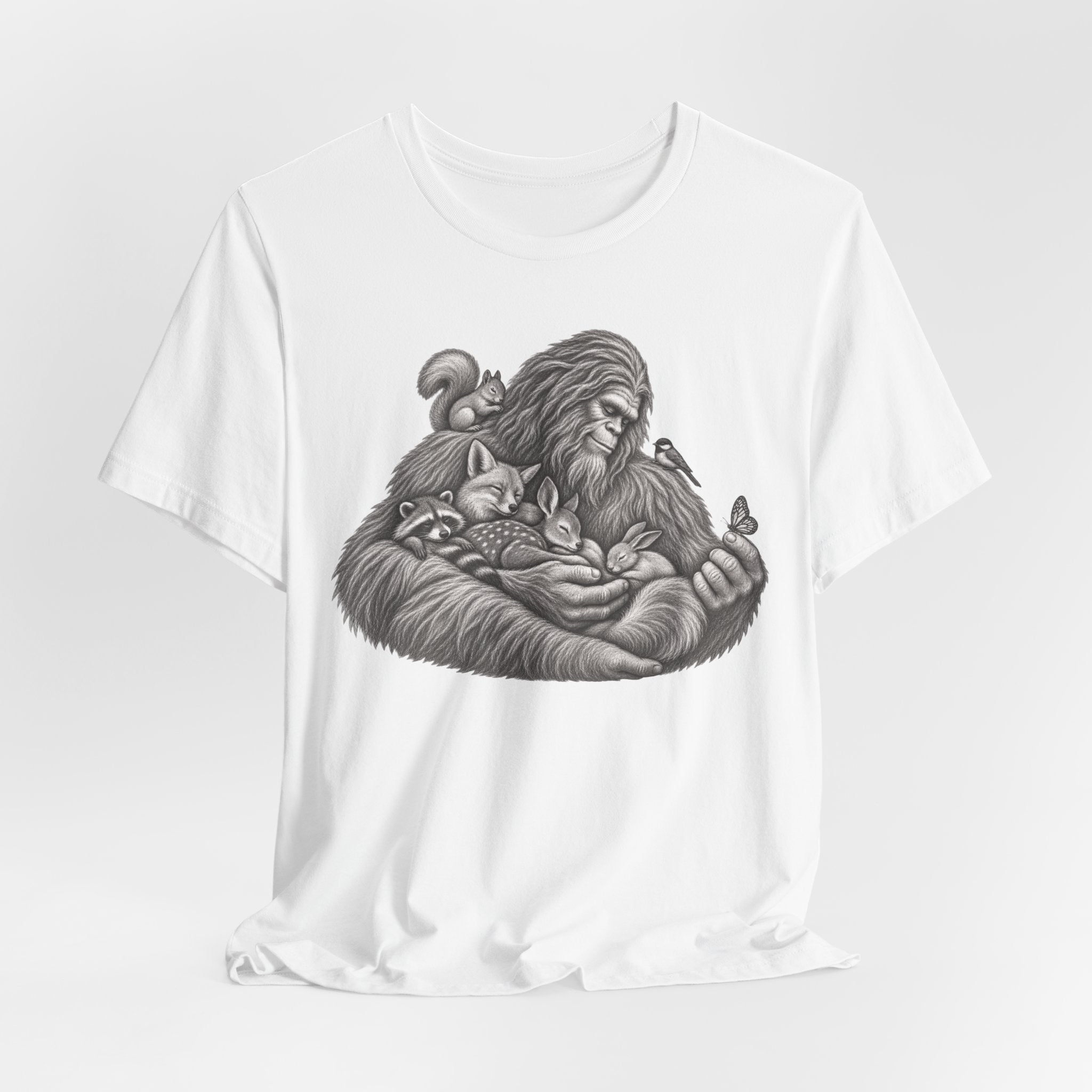 Guardian of the Forest Bigfoot T-Shirt in Pink - painterly Bigfoot forest guardian graphic tee, Barely Outdoorsy Bella Canvas 3001