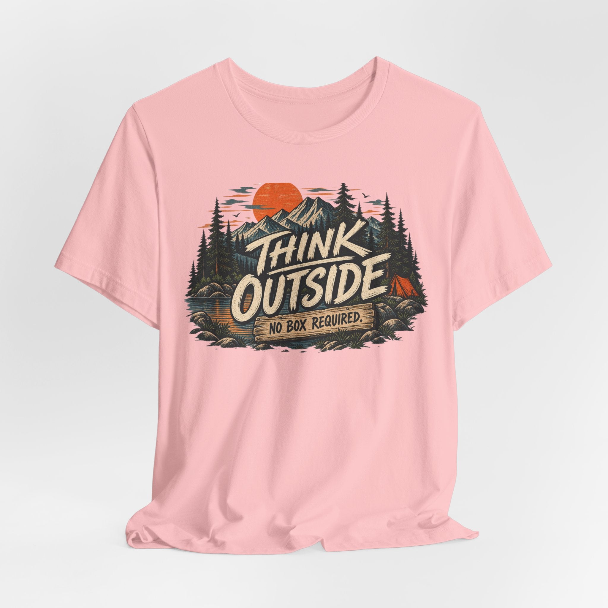 Think Outside No Box Required T-Shirt in Mauve - funny outdoor thinking graphic tee, Barely Outdoorsy