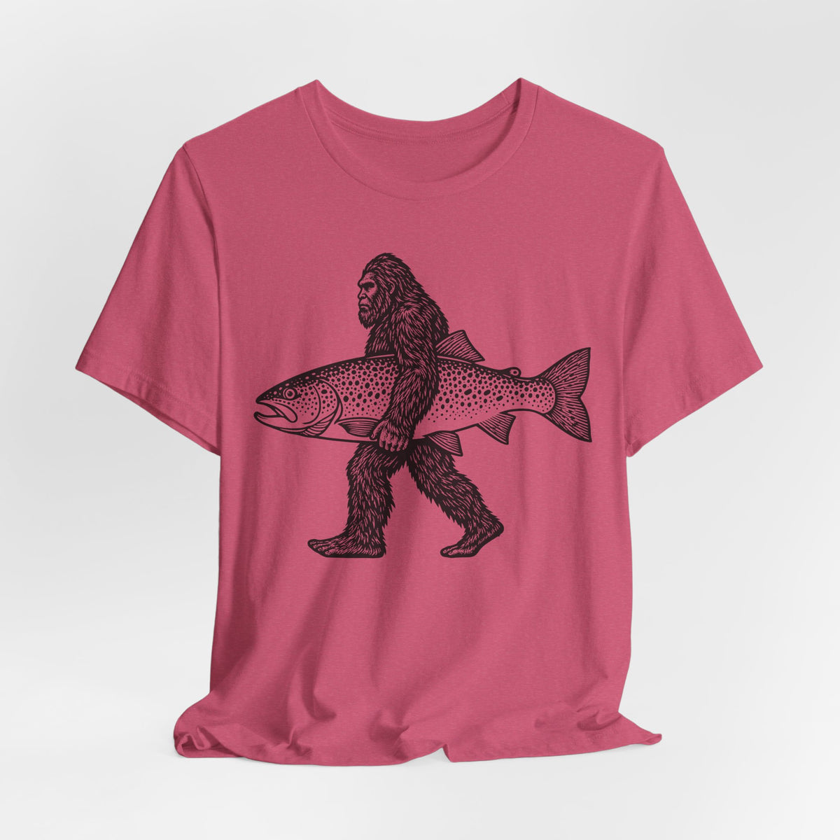 Bigfoot Fishing Sasquatch Trout T-Shirt in Heather Stone - funny Bigfoot fishing Sasquatch trout fisherman graphic tee, Barely Outdoorsy