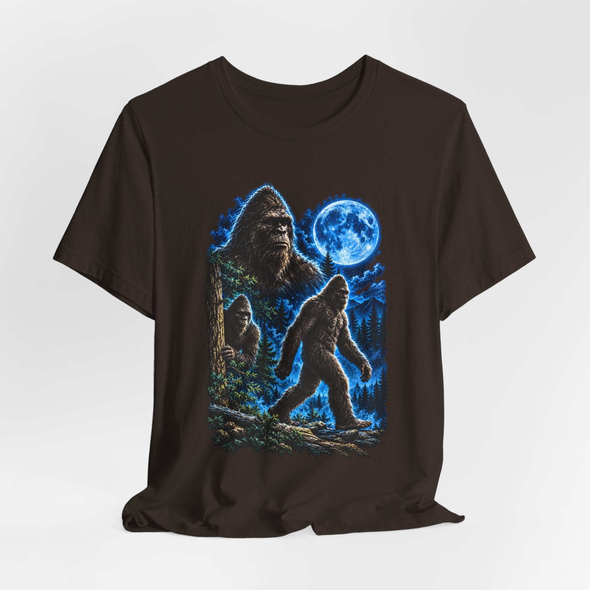 Bigfoot Family Blue Moon Forest T-Shirt in Dark Grey Heather - funny Sasquatch family moonlit forest graphic tee, Barely Outdoorsy Bella Canvas 3001