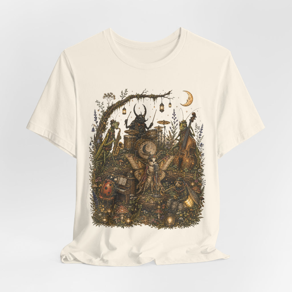 Bug Band Moonlight Concert Tee in Dark Grey Heather - funny insect band moonlit shirt, Barely Outdoorsy