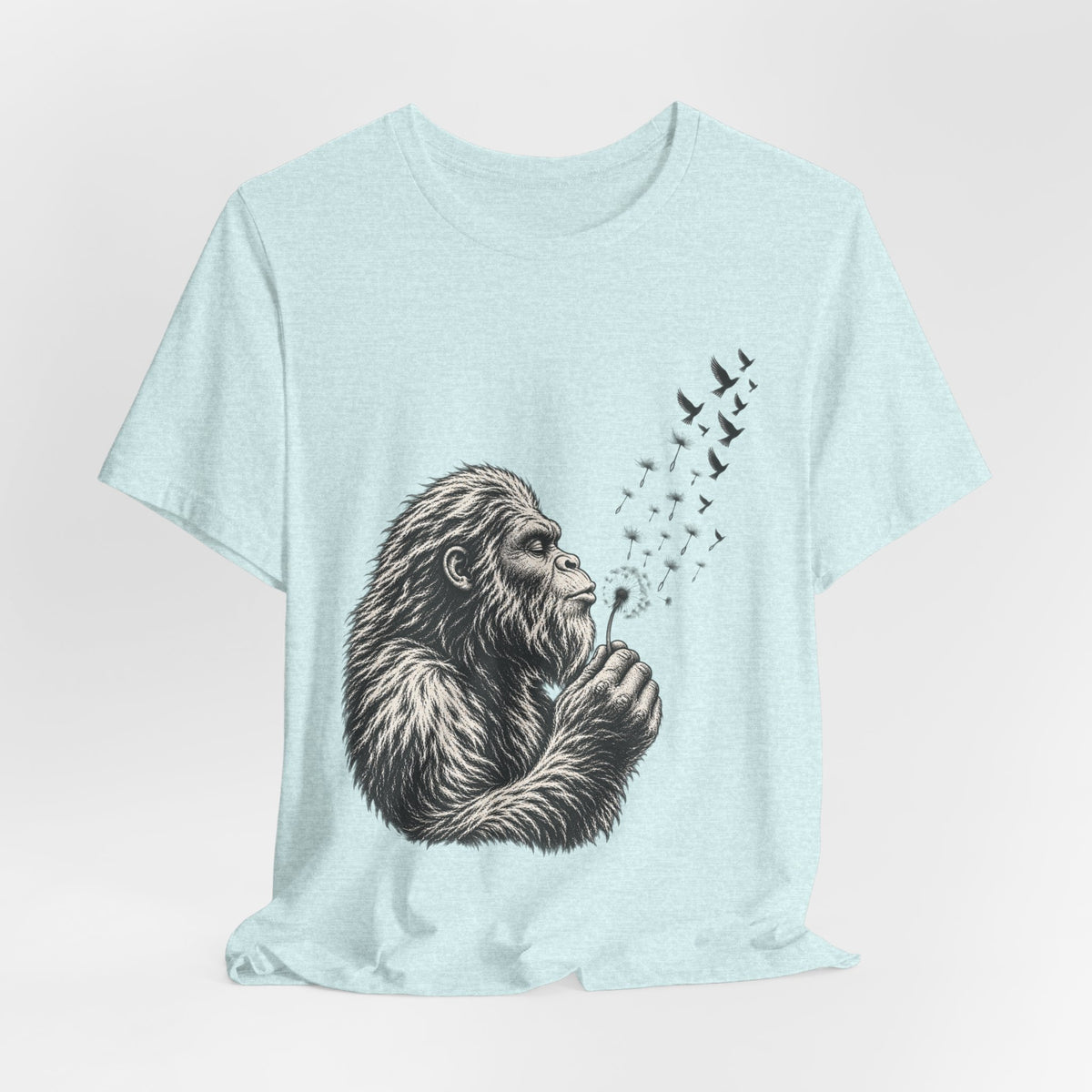 Bigfoot Blowing Dandelion Wishes T-Shirt in Heather Peach - funny Bigfoot dandelion wish graphic tee, Barely Outdoorsy