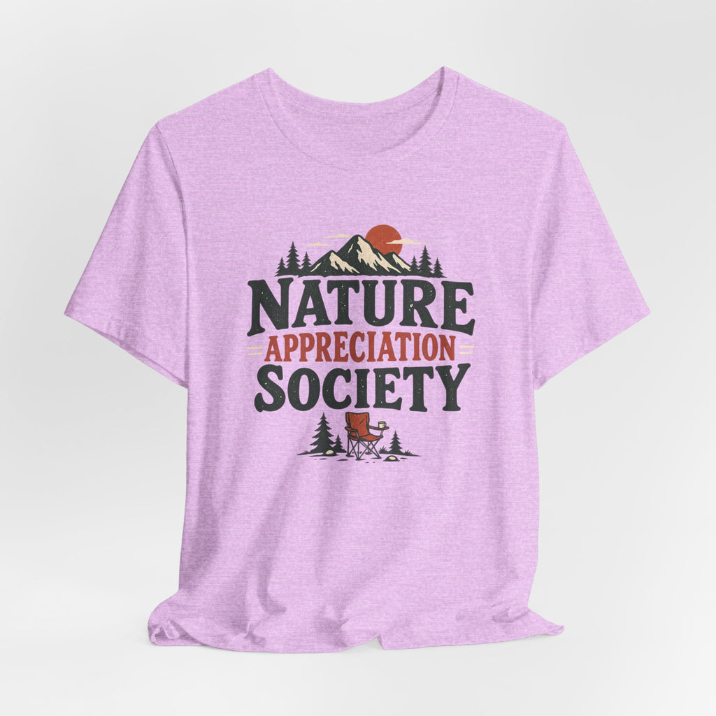 Nature Appreciation Society Tee flat lay Athletic Heather - unisex crew neck retro nature badge graphic tee, Barely Outdoorsy
